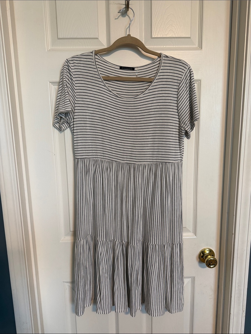 Staccato White and Black Striped Tiered Midi Dress